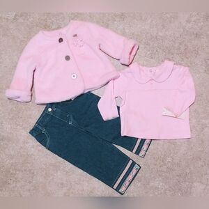 12 months-3 piece “Baby Q” outfit, fuzzy jacket, lace shirt, embroidered pants